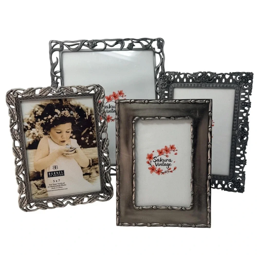 Set of 4 Vintage Pewter Photo Frames Ornate Floral Gallery Wall Collection